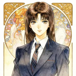 a watercolour manga portrait illustration by sui ishida and alphons mucha of an anime girl highly detailed anime eyes wearing a buissness man suit by issey miyake and balenciaga 8 k