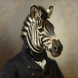 a head and shoulders portrait painting of an anthropomorphic zebra wearing a colonial outfit without a hat looking off camera, a character portrait, american romanticism, oil on canvas, soft focus