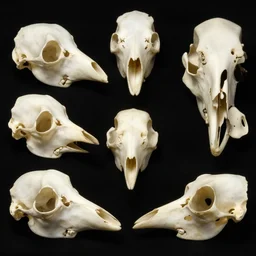 various bird heads made of bone structure, with diapsid with a pre - lachrymal fossa, a single occipital condyl, macro photograph by naturalist museum
