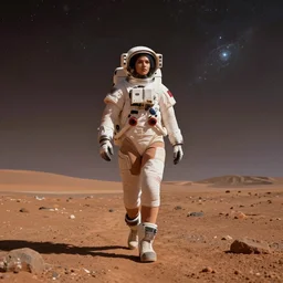 wide - angle shot from below of a female astronaut with an athletic feminine body walking with swagger toward camera on mars in an infinite universe, synthwave digital art