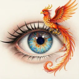 hyper realistic pencil drawing of the human eye, unlimited detail, colored, space, dragon, intricate, detail, phoenix, orange