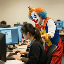 a clown stalking a computer user