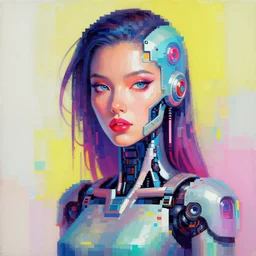 portrait painting of a colorful cybernetic woman, fantasy, digital art, pixel sorting