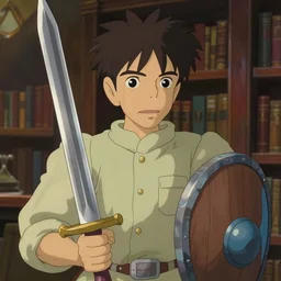 animation still frame of karl pilkington holding a sword and a wooden shield, high angle closeup portrait, blurry background of the library, disney, pixar, bloom, medium shot, dramatic lighting, in the style of studio ghibli, j. c. leyendecker, greg rutkowski, artgerm