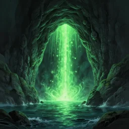 a scary glowing green magical portal to another world in darwin's arch, ocean and rock landscape, d & d, fantasy, intricate, elegant, highly detailed, digital painting, artstation, concept art, matte, sharp focus, illustration, art by hayao miyazaki and hideo kojima