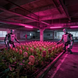 a indoor abandoned parking lot with a farm runed by robots where they plant human heads, magenta lighting, neon, cyberpunk, art by Simon Stalenhag, cinematic, 4k