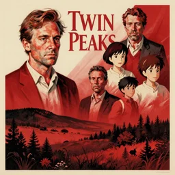 agent dale cooper from twin peaks, by lucian freud and drew struzan, hayao miyazaki, makoto shinkai, takashi takeuchi, detailed, cream red and black colour scheme