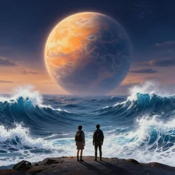 the eternal twilight planet, brave waves ocean, two explorers on the foreground, art by emmanuel shiu