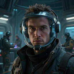 highly detailed closeup portrait of a cyberpunk spacecraft engineer with visor at the spaceship docks, engineers working at the background, cyberpunk, moody, luminescent, rule of thirds, golden ratio, ambient lighting, syd mead, greg rutkowski, wlop, artgerm, artstation, highly detailed masterpiece