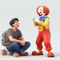 a clown trying to make a homeless guy happy