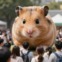 a giant hamster looking down at the people below