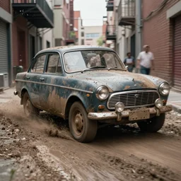 street photography by saul leiter, in a narrow new york empty alley, award winning photo of an ultra detailed intricate dirty vintage ford car speeding very fast on mud, fast shutter speed, motion blur, tiny gaussian blur, highly detailed, highly intricate, depth of field, trending on top gear