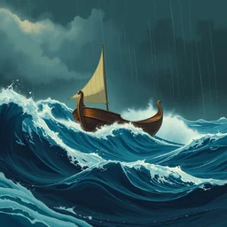 massive wooden curved hulled boat on huge stormy turbulent waves seas dark clouds and rain, limited neutral palette, by pascal campion, petros afshar, anton fadeev, dean ellis, randolph stanley hewton, beautiful graphic, propaganda poster art 1 9 7 0 s illustrated advertising art, painterly design