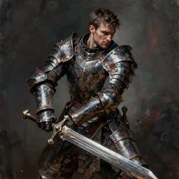 Hyper realistic painting of a man in rusty full plate armor wielding a greatsword, dark fantasy, fantasy armor, hyper detailed, by greg rutkowski, trending on artstation