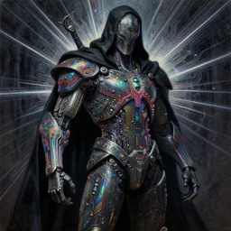 dark cyborg armour made of intricate complex circuitry and microchips, iridescent, warrior assassin, black cloak, colorful, intricate linework, gothic baroque, intimidating, magical light rays, realistic oil painting, rutkowski, wlop, chebokha, artgerm