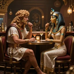 an roman god on a date with Egyptian goddess at a bar Trending on artstation DeviantArt Pinterest furaffinty Photorealistic HD 8k highlights and shadow detailed High Resolution