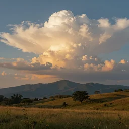 sunlit cumulonimbus clouds approach over background mountains towards a hilly, grassy field with sparse trees at sunset, very detailed, style of maxfield parrish