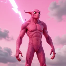 a cyclops, pink summer sky with grey clouds + lighting bolt!!!, transcendent, vibrant color, clean linework, finely detailed, 4 k, trending on artstation, photorealistic, volumetric lighting, octane render