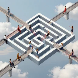 wimmelbilder maze made of bridges in the sky, collage with photographs of beautiful android women weaving between the lines, isometric, clouds, octane render, very sharp, beksinski, quint buchholz, charlie bowater, pranckevicius