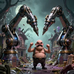 huge mechanical drill arms on a tiny grumpy chunky bald handyman on bad acid trip with mustache, in a wrecked home, full body, tim burton style, hyperrealistic digital art masterpiece, highly detailed neo pop surrealism, jason limon kay sage hannah yata, dramatic lighting, low angle, uhd 8 k, sharp focus