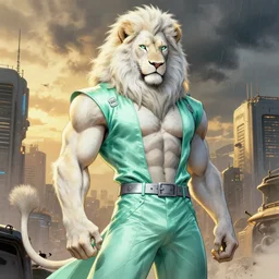 aesthetic portrait commission of a of a male fully furry muscular anthro albino lion with a tail and a beautiful attractive hyperdetailed face wearing stylish and creative mint outfit made out of silk in a sci - fi dystopian city at golden hour while it storms in the background. character design by dittmann, anna, detailed, inked, western comic book art, award winning film poster painting
