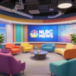 colorful nbc newsroom, colorful furniture, vents and ducts, octane render, unreal engine 5, ray tracing, depth of field