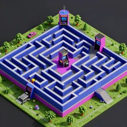 wimmelbilder maze made of 80's arcade landscape, isometric, octane render, unreal engine