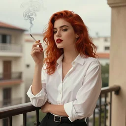 a beautiful artwork portrait of a woman with a white shirt and red hair smoking a cigarette on a hotel balcony by Jerome Opeña, featured on artstation