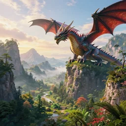 a photorealistic portrait, stunningly beautiful colorful fantasy landscape, professionally retouched, soft lighting, hyper realistic, mountains, trees, beautifully detailed sky, big dragon, wide angle, sharp focus, 8 k high definition, 6 4 megapixels, insanely detailed, stunningly beautiful