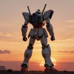 a single mecha facing the sunset seen from the back, low angle shot, cinematic, deviantart, matte drawing, concept art, matte painting