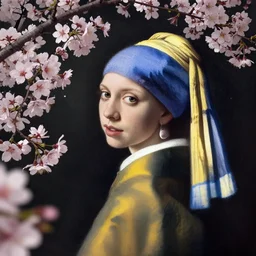 scarlett johansson painted by vermeer surrounded by chinese cherry blossoms