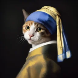studio portrait of a calico cat by vermeer.