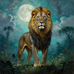 lion as barbarian hunter human legs and body and chest armor, full body backlight ,top light ,full body portrait ,highly textured oil painting ,jungle ,cyan graveyard  with backlight from the moon ,foggy background ,with  dramatic sky ,clouds and giant oversized moon and storm textured oil painting by frazetta