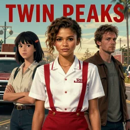 Twin Peaks poster artwork by Michael Whelan and Tomer Hanuka, Karol Bak, Rendering of Zendaya wearing rr diner uniform, from scene from Twin Peaks, full of details, by Makoto Shinkai and thomas kinkade, Matte painting, trending on artstation and unreal engine