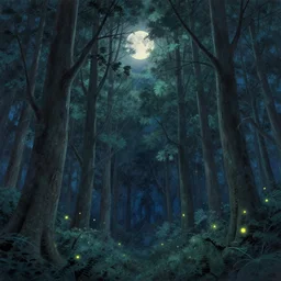 forest of extremely very tall trees, wispy leaves, moonlit night, fireflies, by asher brown durand, by iyoshitaka amano
