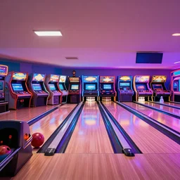 bowling alley arcade, retro 3 d render, weird lighting