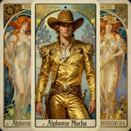 a dramatic ethereal epic symmetrical painting of a handsome cowboy in a gold outfit | tarot card, art deco, art nouveau,  (steampunk), homoerotic, detailed face | by Mark Maggiori ((((by Alphonse Mucha)))) (((by Greg Rutkoswski))),  | trending on artstation