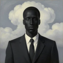 portrait of a faceless black - head man in a suit, clouds in the background, by rene magritte, detailed painting, distance, centered, hd, hq, high resolution, high detail, 4 k, 8 k