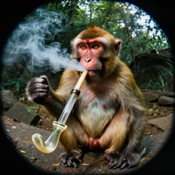 A drug addicted monkey smoking crack from a glass pipe, fisheye lens, chaotic, motion blur