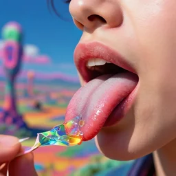 a colorful vibrant closeup landscape licking a tab of lsd acid on its land tongue and dreaming psychedelic hallucinations, by moebius, edward hopper and james gilleard, zdzislaw beksinski, steven outram colorful flat surreal design, hd, 8 k, artstation, highly detailed