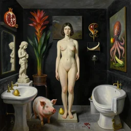 realistic painting of a luxurious female artist's bathroom, black dripping walls, tall emo girl, stone sculpture, a pig, a pear, paintings on black walls, pomegranate, bromeliads, tusks, octopus, courgettes, berries, zen, sensual, surrealist painting by magritte and rousseau and kahlo