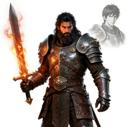 strong young man, photorealistic bugbear ranger holding aflaming sword, black beard, dungeons and dragons, pathfinder, roleplaying game art, hunters gear, jeweled ornate leather and steel armour, concept art, character design on white background, by alan lee, norman rockwell, makoto shinkai, kim jung giu, poster art, game art
