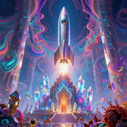 mysterious rocket hovers over mythical crystal temple, psychedelic fractal waves, synthwave, bright neon colors, highly detailed, cinematic, eyvind earle, tim white, philippe druillet, roger dean, ernst haeckel, lisa frank, aubrey beardsley
