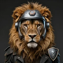 portrait of a lion wearing a futuristic helmet, synth - wave, badge