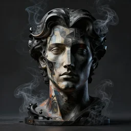 epic concept art. abstract male face silhouette mixing with black and color liquid fluid. abstract sculpture. art deco swirls. smoke simulation, vfx, cinema 4 d, tyflow. masterpiece, michelangelo. dark mood, concept art, matte painting. greg rutkowski, wlop, victo ngai, kandinski