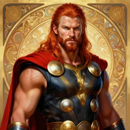 painted portrait of rugged thor, god of thunder, norse god, red hair, masculine, mature, handsome, upper body, red and gold, muscular, hairy torso, fantasy, intricate, muscular, elegant, highly detailed, digital painting, artstation, concept art, smooth, sharp focus, illustration, art by gaston bussiere and alphonse mucha