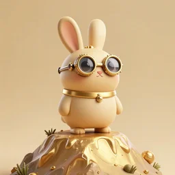 shaggy round rabbit with steampunk glasses, standing in the top of the mountain, art by ovopack, tatsuro kiuchi, yoji shinkawa, cute, cartoon, 3 d art, c 4 d, unreal engine, fantasy, gold color scheme, perfect lighting, smooth, digital art, concept art, trending on artstation
