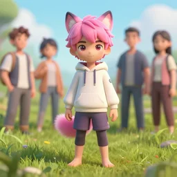 beautiful cute boy with pink hair and pink wolf ears and barefoot and hoodie and leggings under shorts in a grass field. character design by cory loftis, fenghua zhong, ryohei hase, ismail inceoglu and ruan jia. artstation, volumetric light, detailed, photorealistic, fantasy, rendered in octane