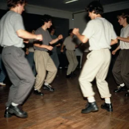 photograph of a group of people in baggy outfits and bulky shoes dancing in a dark room, taken from a distance to show showing the whole bodies, smudged grainy blurry gritty, dynamic frenetic, taken with a soviet flash camera at slow shutter speed