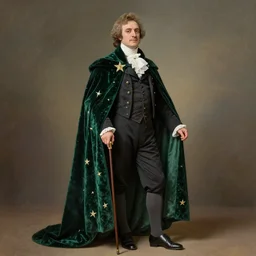 victorian era musician with a velvet and emerald cape, stars, sincere, modern maximalist suit, is ( ( holding a cane ) ). light dust, magnificent, hyperdetailed, theatrical, painted by jean honore fragonard and greg rutkowski